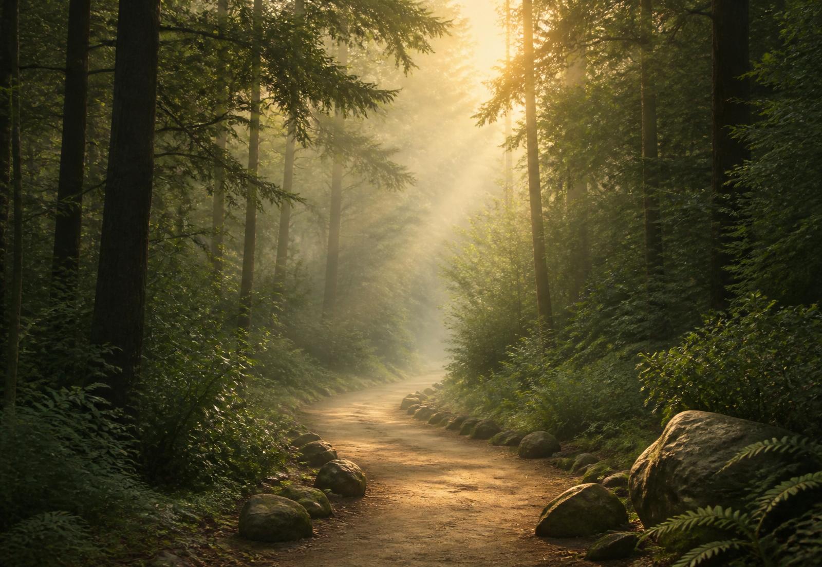 Misty forest path at dawn